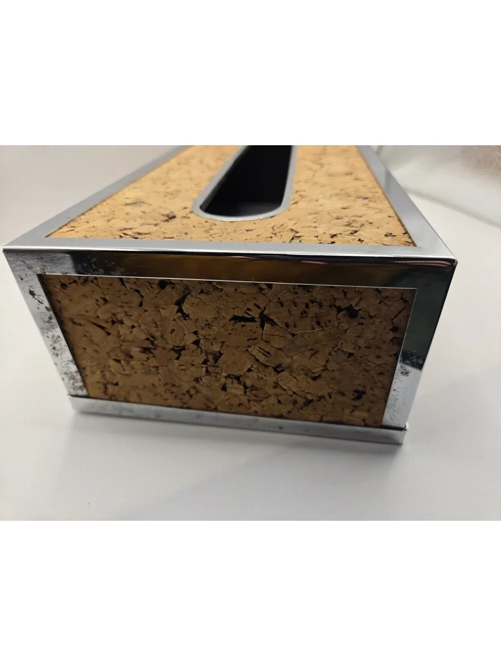 Vintage Mid Century Modern Cork & Chrome Tissue Box Holder Cover Rectangular